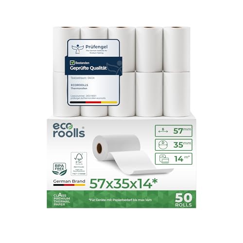 ECO ROOLLS® EC Cash Rollen Thermopapier 57mm x 35mm x 12mm - Kassenrollen 57x35x12 für EC & Kredit-Kartenlesegeräte - Thermorollen 57mm - Bonrollen EC Gerät - Für Systeme bis 14m Papierbedarf (50 Stk) ECO ROOLLS® EC Cash Rollen Thermopapier 57mm x 35mm x 12mm - Kassenrollen 57x35x12 für EC & Kredit-Kartenlesegeräte - Thermorollen 57mm - Bonrollen EC Gerät - Für Systeme bis 14m Papierbedarf (50 Stk)