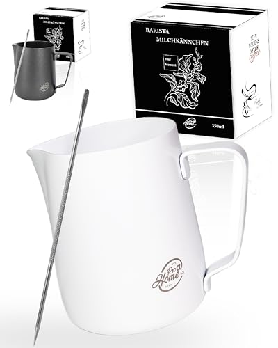 Pro@Home43® Jarra leche barista de acero inoxidable blanca 350ml (también en 600ml) con lápiz de latte art/Jarra para espumar leche en caja de regalo