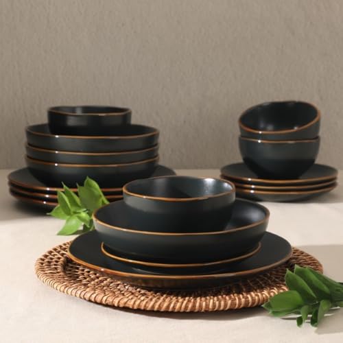 Image of Gibson Home Hazeltine 16-Piece Black Stoneware Dinnerware Set - Plates and Bowls, Durable Ceramic Kitchen Dinner Set
