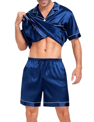 Image of SWOMOG Men Silk Pajama Set Short Sleeve Satin PJs Sets 2 Piece Button Down Sleepwear Soft Summer Loungewear with Pockets