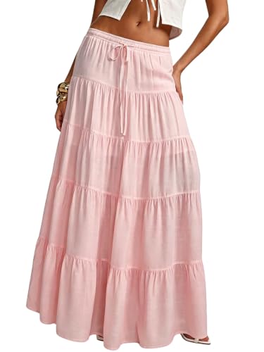 Image of Women's Boho Maxi Skirt Ruffle Flowy Low Rise A Line Beach Long Skirts | Flared Ruffle, Elastic Waist, Summer Vacation Skirts