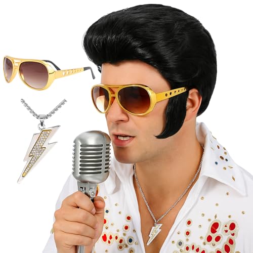 AMZCOS 50s Rocker Costume Wig for Men 60s Rock Singer Cosplay Wig for Mens Halloween Party with Heat Resistant Synthetic Fiber Including Necklace and Glasses