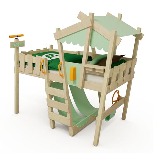 Wickey Kinderbett Crazy Snuggy - Hochbett, Spielbett für Kinder aus Massivholz mit Planendach - 90 x 200 cm - pastellgrüne Plane