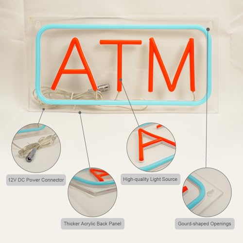 Image of ATM Neon Sign, Mini Size, 12 inchx6 inch, 12V-Powered Business Signboards for Convenience Store, Gas Station, Liquor Shop, Mini Market, High Brightness, Clear Acrylic Backboard, Wall Window Decor