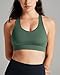 QUEENIEKE BareFlow Sports Bras for Women V-Neck Medium Support Raceback Phone Pocket Bra Removable Cups Yoga Workout Tank Top (Hazy Green, Large)
