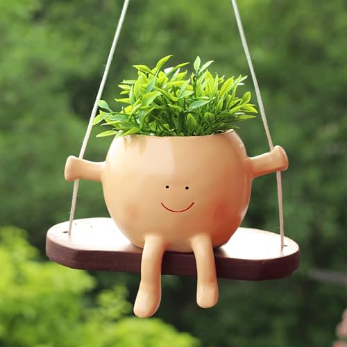 Image of Swing Face Planter Pot Hanging Resin Flower Head Planters for Indoor Outdoor Plants Succulent Pots for String of Pearls Snake Plant Live Gift Ideas for Mothers & Housewarming