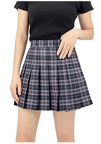 DAZCOS US Size Plaid Skirt High Waist Japan School Girl Uniform Skirts (Large, Black)
