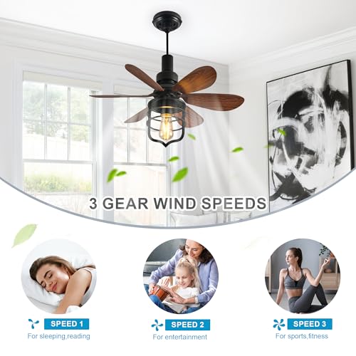 Ganeed Ventilador de techo atornillado Zócalo de luz con mando a distancia E27 Ventiladores pequeños para dormitorio Casa de campo Lámpara industrial Lavandería Garaje Pasillo vestíbulo Negro - imagen 3