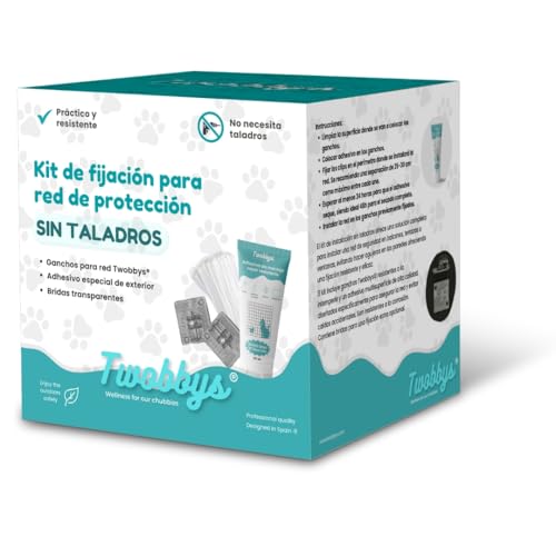 Twobbys® Pack de Fijación Red Sin Taladros | 75 Ganchos para Red + Adhesivo Extrafuerte 120ml + Bridas | Kit para Red Gatos Terraza | Montaje Fácil | Anti UV | Red Gatos Balcon, Terraza y Ventanas