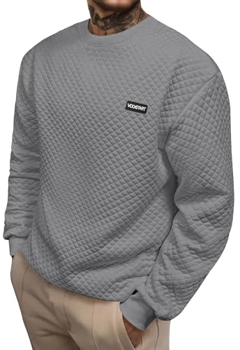 Mens Crewneck Sweatshirt Quilted Geometric Texture Long Sleeve Casual Soild Color Pullover (S-XXL)