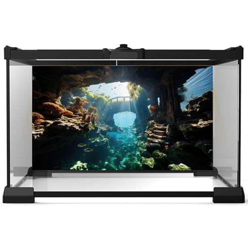 Image of Aquarium Background Aquatic Stone Pillars Vibrant Fish Lively Coral Reef Terrarium Backdrop Deep Blue Sea Under Water World Fish Tank Background Rock Sunlight Rays Wallpaper Vinyl 48x18in