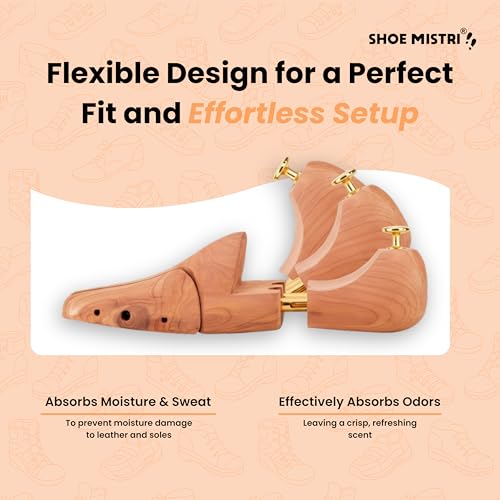 Image of Shoe mistri Cedar Wood Shoe Tree for Men & Women - Adjustable Shoe Stretcher for Perfect Shape - Moisture & Odor Absorbing Shoe Shaper with Flexible Split-Toe Design - Protects Leather