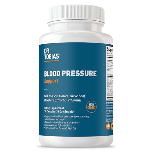 Dr. Tobias Blood Pressure Support Supplement with Hawthorn, Hibiscus Flower, Olive Leaf & Garlic, Supports Normal Circulatory Health with Vitamins C, B6, B12, Niacin, Folate & Herbs, 90 Capsules