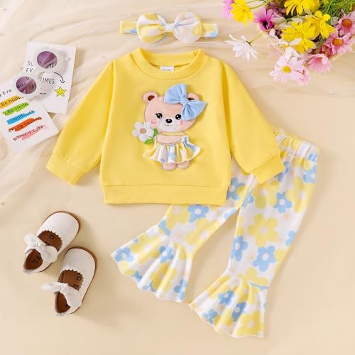 Image of Baby Girl Clothes Fall Winter Long Sleeve Bear Cartoon Sweatshirt Flare Pants Bow Headband Set 6 Months-4 Years Old