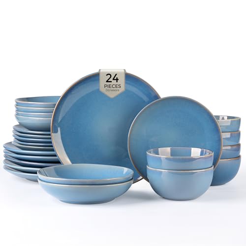 Image of GBHOME Dinnerware Sets with Double Bowls for 6, 24 Pieces Stoneware Plates and Bowls Set, Scratch Resistant Ceramic Dishes Set, Dishwasher & Microwave Safe-Alaskan Blue