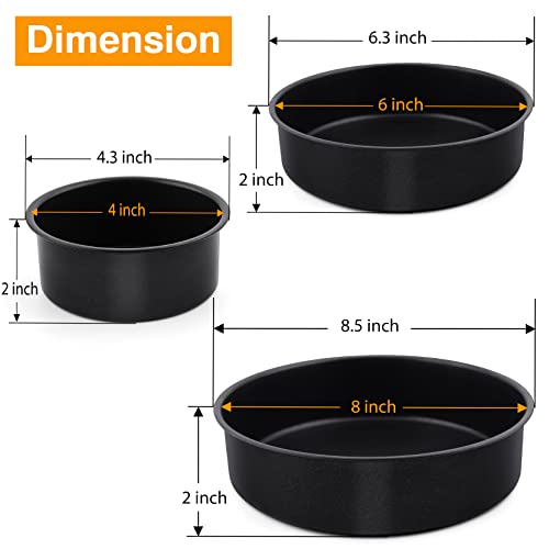 P&P Chef Round Cake Pan Set - 4” & 6” & 8 3-Piece Cake Baking Pan For Birthday Weeding Layer Cakes, Stainless Steel Core With Nonstick Coatings For Durable Use & Easy Release, Leakproof, Black #TOP1