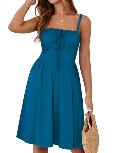 Image of YATHON Summer Mini Corset Sun Dress for Women Short Casual Square Neck Lace Up Floral Beach Vacation Dresses with Pockets
