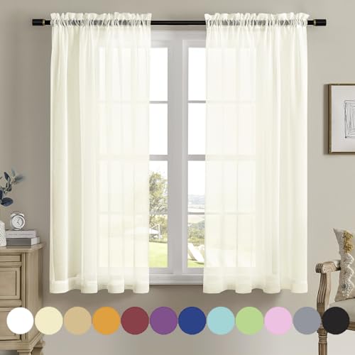 Image of MYSTIC-HOME Sheer Curtains 45 Inch Length, Rod Pocket Voile Drapes for Living Room, Bedroom, Window Treatments Semi Crinkle Curtain Panels for Yard, Patio, Villa, Set of 2, 52 inchx 45 inch, Beige