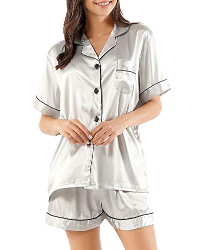 GAESHOW Womens Silk Pajamas Set, Satin Pajamas Short Sleeve Pj Sets Button-Down Sleepwear