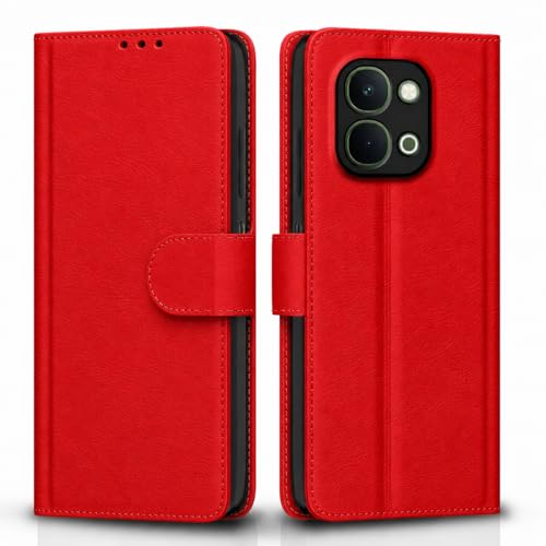 Image of Cover for Vivo T5x 5G / Y51 Pro 5G / iQOO Z11x 5G, Wallet Style, Leather Finish, Magnetic Closure, Inbuilt Stand, Card Pocket (Red)