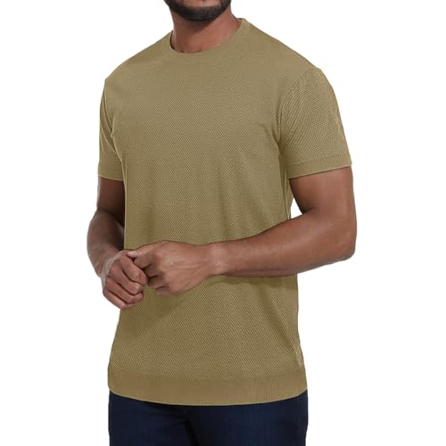Men's Textured Knit T Shirt Short Sleeve Crew Neck Solid Color Casual Fitted Summer Pullover Top Fashion Basic Tee Light Coffee — view 2