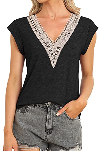 Womens 2023 Trendy Casual Dressy Tops Cap Sleeve Lace V Neck Tank Tops Summer Basic Floral Print T Shirts Blouses #TOP2