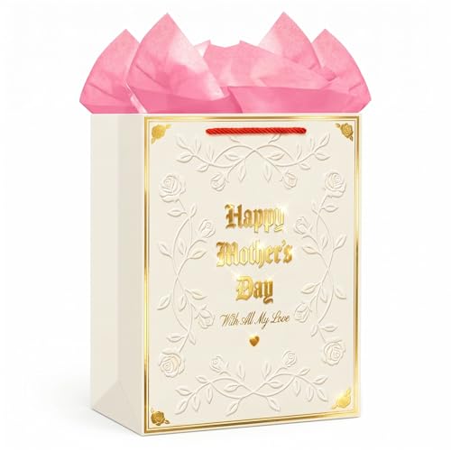 D4DREAM Mothers Day Gift Bag - 11.5'' Medium Happy Mother's Day Paper Gift Bag with Tissue Paper and Handles Elegant Embossed Rose Gift Wrap Bag for Mom Nana Grandma Wife Sister