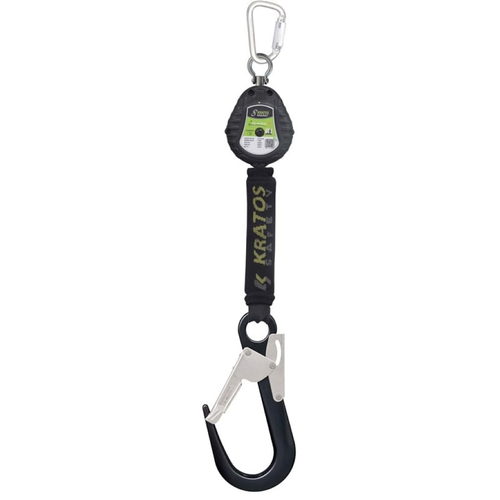 Kratos Safety Olympe-S Gurtband, Höhensicherungsgerät mit Gerüsthaken, Bandfalldämpfer und integriertem Bremssystem, Fallfaktor 2, Länge 2 m, EN360, PSA