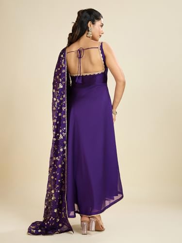 Image of UFB Purple Anarkali Kurta with Embroidered Dupatta, Sleeveless Square Neck Design
