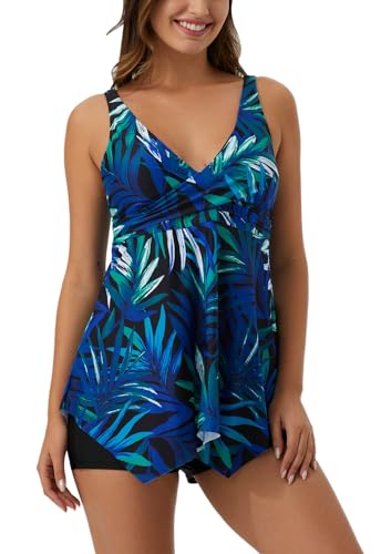 Ecupper Traje de baño para mujer Top Cuello en V Tankini Top Solo dobladillo irregular con almohadilla en el pecho Camiseta Natación Correas ajustables, Azul Oscuro - Solo Tankini Top, 48