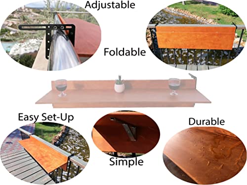 Balcony Bar Table For Railings, Balcony Folding Deck Table, Wooden Adjustable Hanging Deck Table For Patio, Apartment, Garden (Chestnut, 59" L X 11.8" W) #TOP2