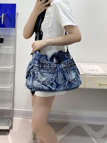 Image of Designer Denim Handbags for Women Hobo Tote Bag Crossbody Denim Purses Blue Jean Shoulder Bag