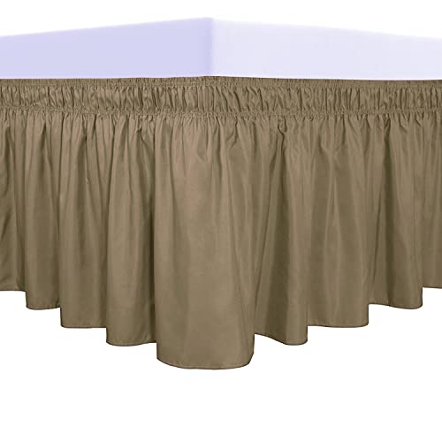 PureFit Wrap Around Ruffled Bed Skirt with Adjustable Elastic Belt - 18 Inch Drop Easy to Put On, Wrinkle Free Bedskirt Dust Ruffles, Bed Frame Cover for Queen, King and C-King Size Beds, Camel