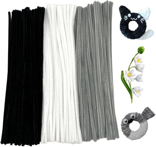 Image of 300Pc Set Tri Color Combo Pipe Cleaners Craft, Pipe Cleaners Chenille Stem Fuzzy Sticks Craft Supplies for flowers making, Home DIY (White,Black,Grey)