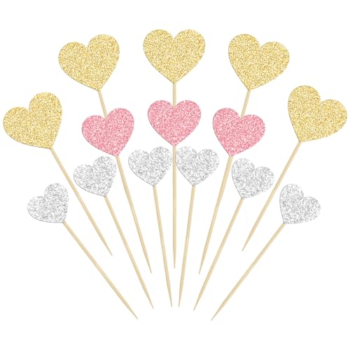 Gyufise 30Pcs Heart Cupcake Toppers Glitter Sweet Love Theme Cupcake Picks Valentine's Day Cake Decorations for Wedding Engagement Bridal Shower Birthday Party Supplies Gold Pink Silver