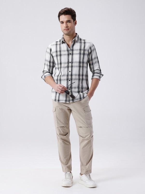 Image of CROCODILE Men Checkered Cotton Casual Shirt | Comfort Fit | Full Sleeve | Button Down White