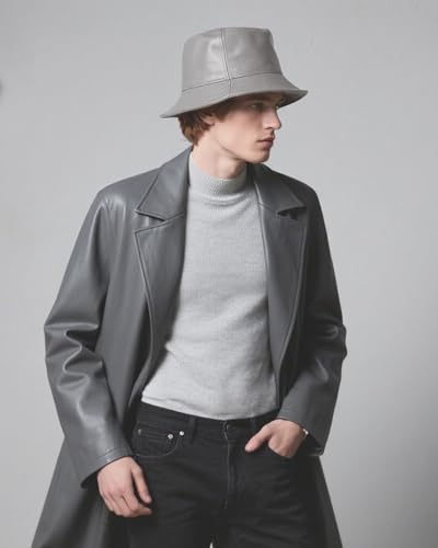 Image of Zylioo XXL PU Leather Bucket Hat for Big Heads, Large Waterproof Floppy Brim Travel Hat with Thin Fleece Lining Packable