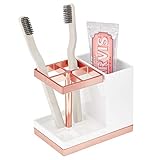 mDesign Decorative Plastic Bathroom Toothbrush and Toothpaste Stand Holder - Dental Organizer with 5 Storage Compartments for Bathroom Vanity Countertops and Medicine Cabinet - White/Rose Gold