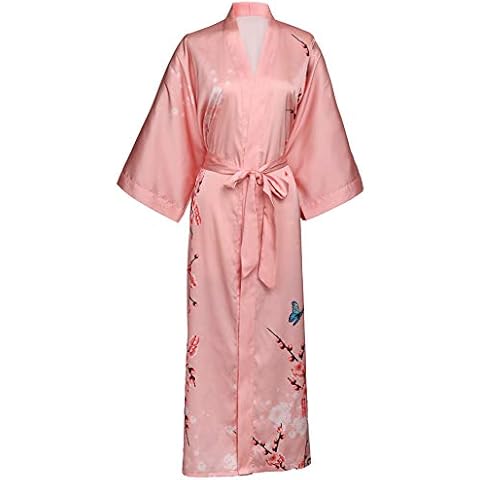 Women's Long Kimono Robe Plum Blossom Flora Bridesmaids Robe Sleepwear Nightgown Chest 48" Length 50" - - One Size Cover