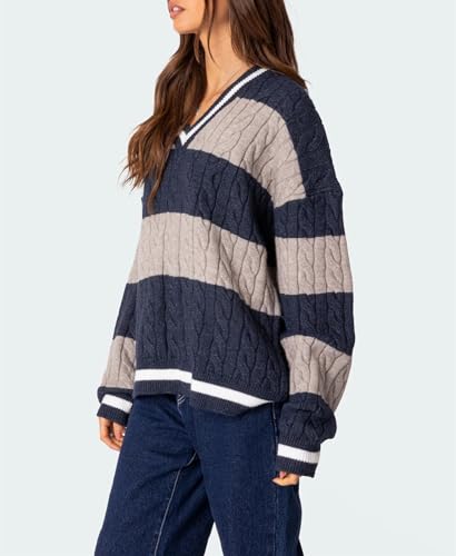 Women Y2K Striped Sweater Vintage Aesthetic Preppy Sweater V Neck Long Sleeve Oversized Cable Knit Jumper Tops Streetwear3