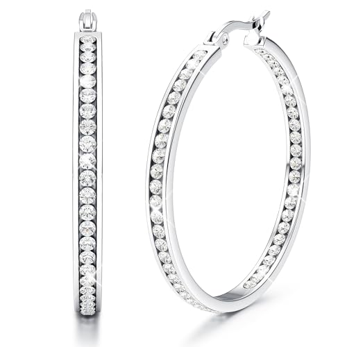 Adramata Ohrringe Creolen Edelstahl Damen Hypoallergen Kreolen mit AAA Zirkonia Ohrringe Hängend 40mm/50mm/60mm Earrings For Women Creolen Silber/Gold/Rosegold