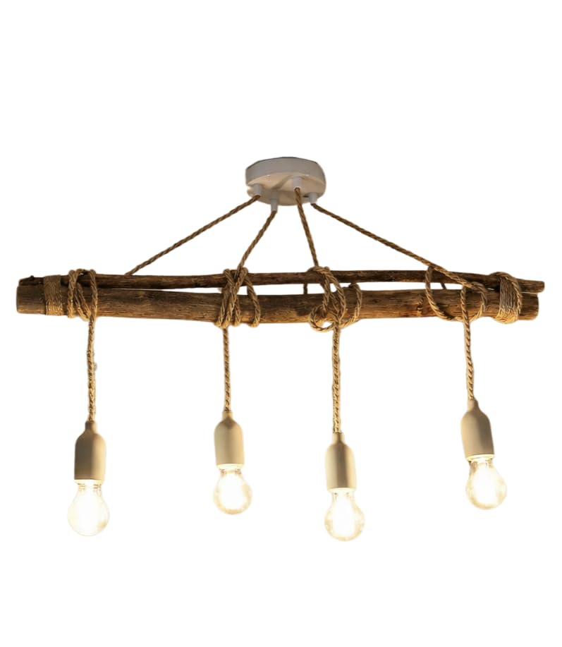 Générique Atelier Gallina - Suspension lustre en Bois Flotté - Fabrication Artisanale Sud de France - Pièce Unique - Lustre avec Fils Électriques en Jute...