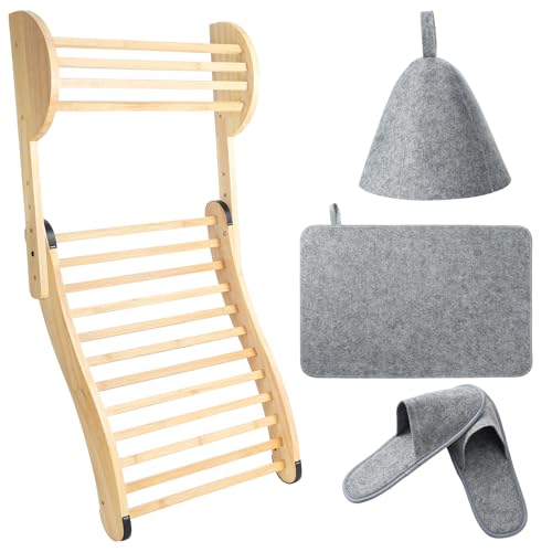 4 Pcs Sauna Backrest Accessories Added Adjustable Pillow Sauna Seat, Felt Hat, Seat Pad and Slippers, Bamboo Backrest Infrared Accessories for Comfort Lying or Leaning Steam Bath Bathroom