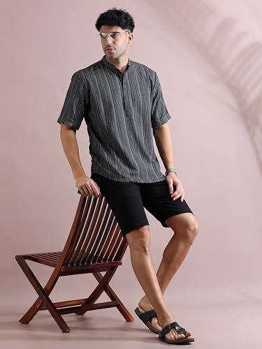Image of Filori Lurex Checks Design Short Kurta | Pure Cotton | Half Sleeves | Mandarin Collar