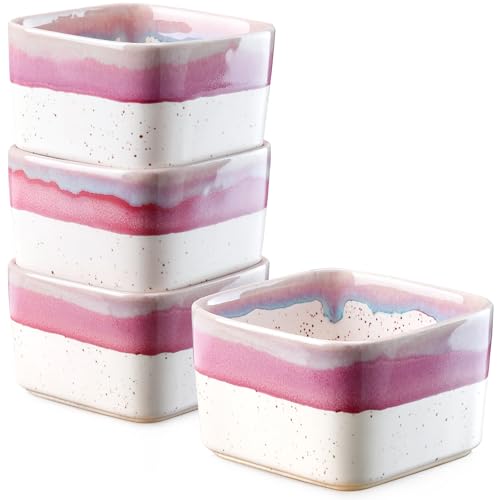 NUTRIUPS Ramequines y cuencos de cerámica aptos para horno de 251 ml para pudín, natillas, soufflé, postre y crema brulee, 4 piezas de flujo lila pastel