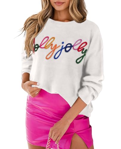 Image of SELINK Women's Holiday Sweater Crew Neck Print Casual Long Sleeve Pullover | cute tops, knit graphic sweaters, sequin letters, festive outfits, comfort fit for party daily wear