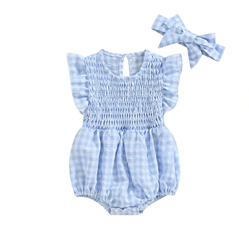 Image of Infant Newborn Baby Girl Summer Outfit One Piece Smocked Romper Ruffle Sleeve Plaid Playsuit Headband 3 6 9 12 18M