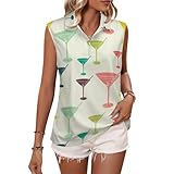 Vintage Martini Glass Print Women's Polo Shirts Sleeveless Golf Shirts V-Neck Quickly Dry Tank Tops Casual Blouses White