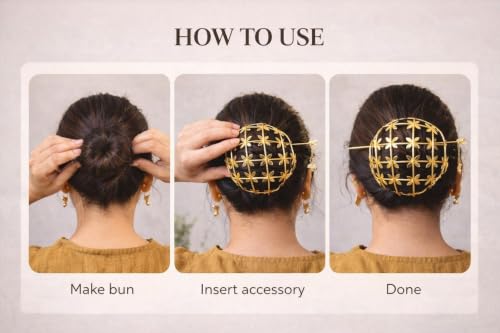 Image of Handcrafted Brass Bahara Hair Bun Cage with Stick for Women | Anti-Tarnish Juda Cover | Traditional Golden Hair Bun Accessory for Bridal, Wedding, Festive, Ethnic & Classical Dance Wear