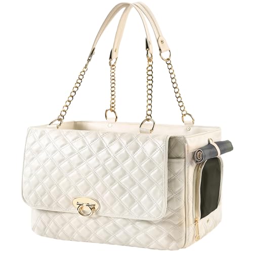 NewEle Fashion Dog Purse for Small Dogs with 2 Super-Large Pockets, Holds Up to 10lbs PU Leather Pet Carrier, Cat Carrier, Airline Approved Puppy Purse for Travel (White, Small Size)